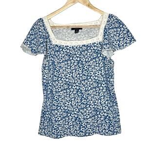 Chaps Floral Square Neck Knit Top Blue White Womens Size M Cottagecore Boho
